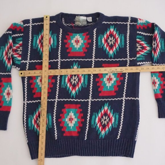 Vintage '90S Rivertrader Navy Knit Teal Red Aztec Cotton Blend  Crew Sweater L - Picture 4 of 12